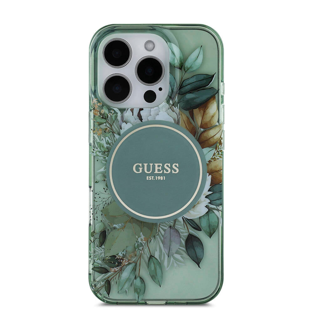 Apple iPhone 16 Pro Max Case Guess Original Licensed M-safe Charging Feature IML Printed Flower Pearl Bracelet Cover Black