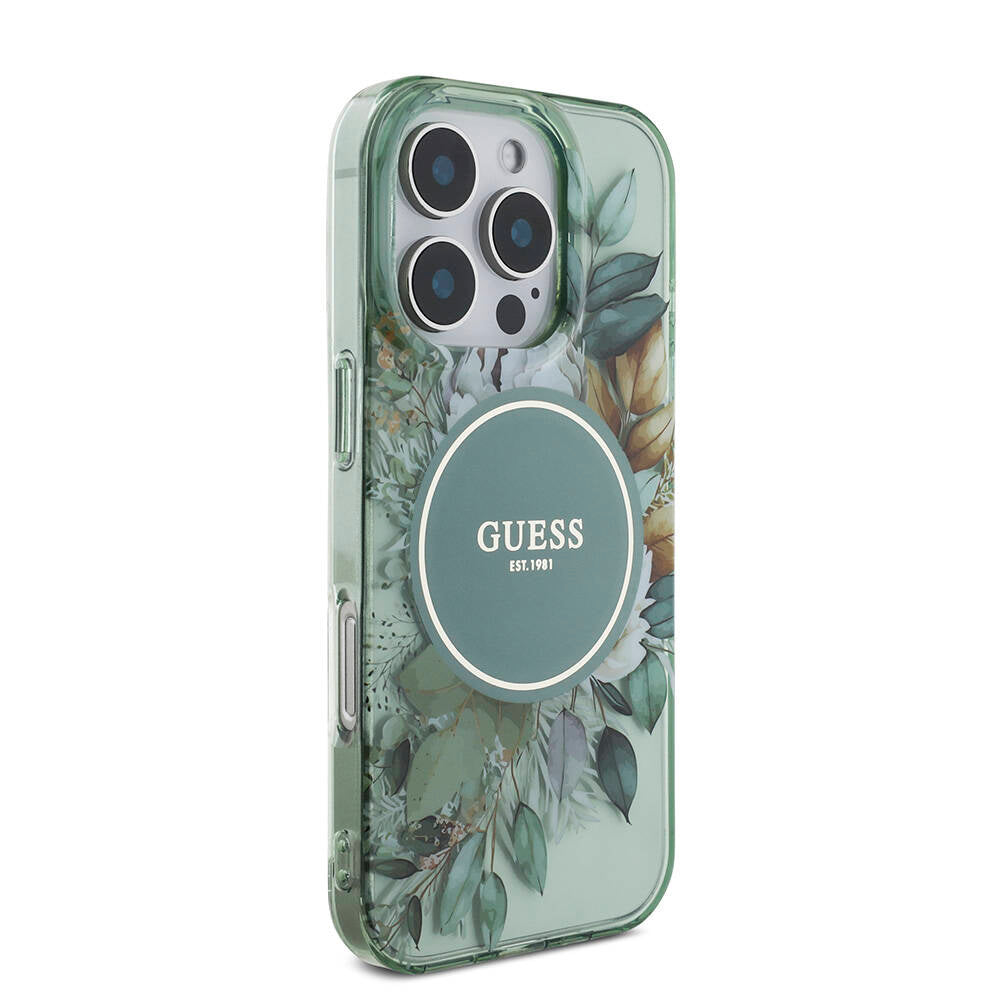 Apple iPhone 16 Pro Max Case Guess Original Licensed M-safe Charging Feature IML Printed Flower Pearl Bracelet Cover Black