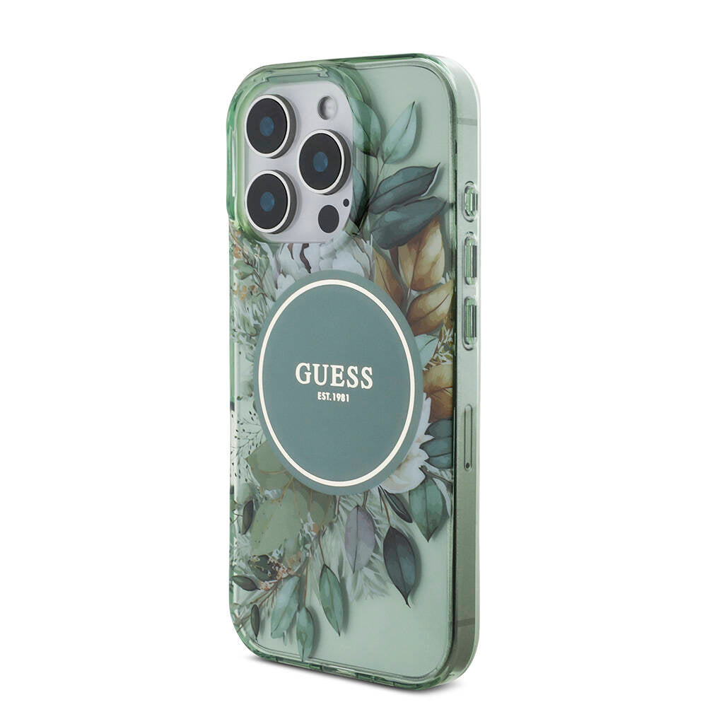 Apple iPhone 16 Pro Max Case Guess Original Licensed M-safe Charging Feature IML Printed Flower Pearl Bracelet Cover Black