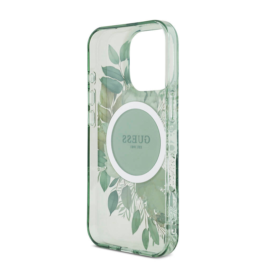 Apple iPhone 16 Pro Max Case Guess Original Licensed M-safe Charging Feature IML Printed Flower Pearl Bracelet Cover Black
