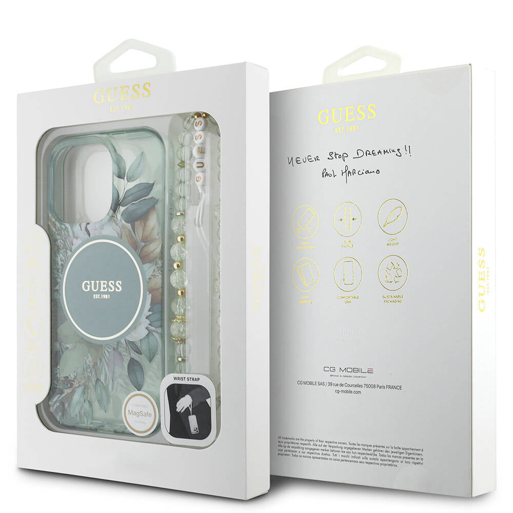 Apple iPhone 16 Pro Max Case Guess Original Licensed M-safe Charging Feature IML Printed Flower Pearl Bracelet Cover Black