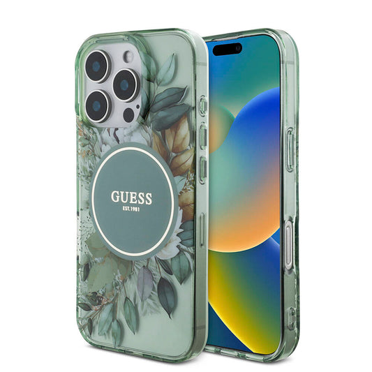 Apple iPhone 16 Pro Max Case Guess Original Licensed M-Safe Charging Feature IML Printed Flower Pearl Bracelet Cover Green