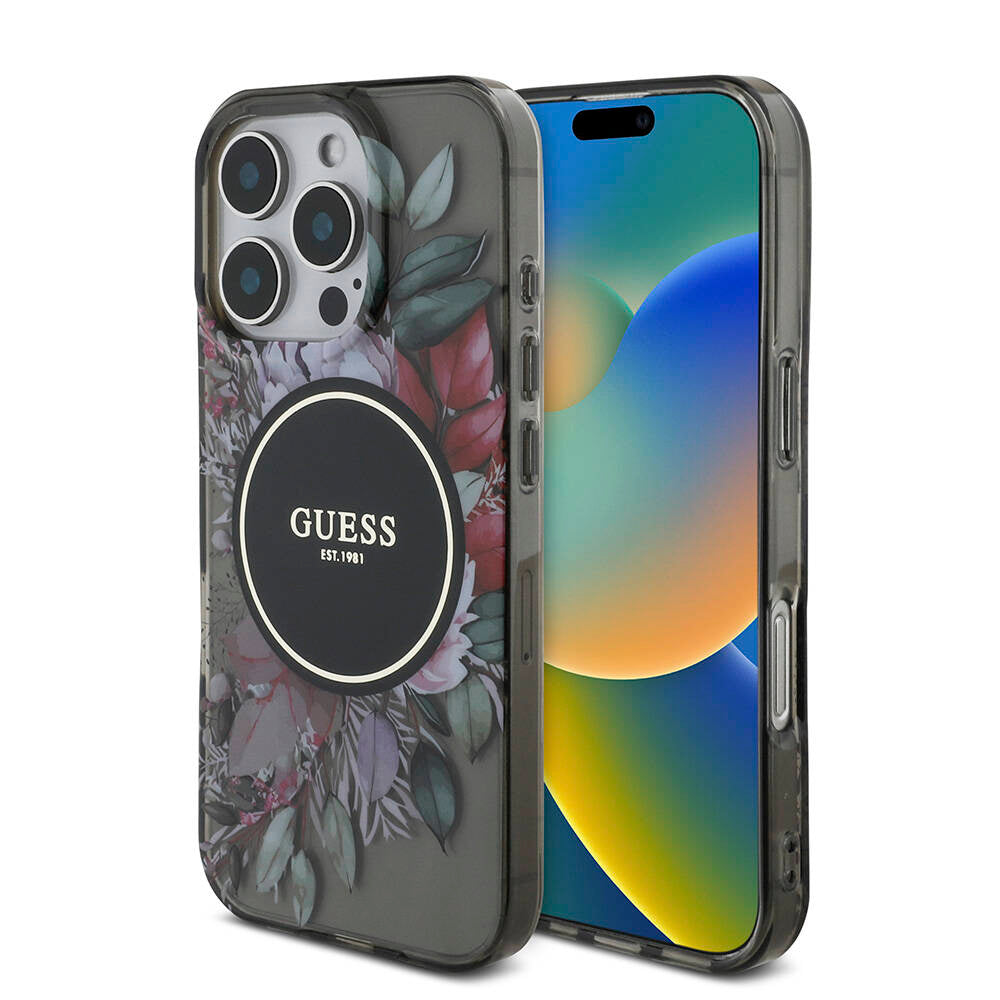 Apple iPhone 16 Pro Max Case Guess Original Licensed M-safe Charging Feature IML Printed Flower Pearl Bracelet Cover Black