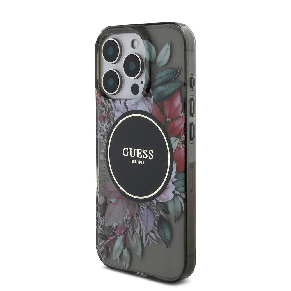 Apple iPhone 16 Pro Max Case Guess Original Licensed M-safe Charging Feature IML Printed Flower Pearl Bracelet Cover Black