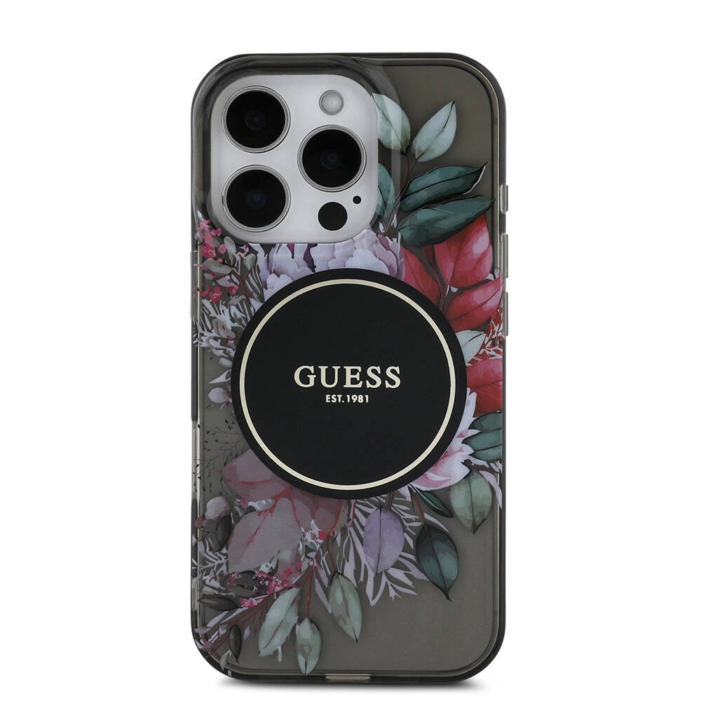 Apple iPhone 16 Pro Max Case Guess Original Licensed M-safe Charging Feature IML Printed Flower Pearl Bracelet Cover Black