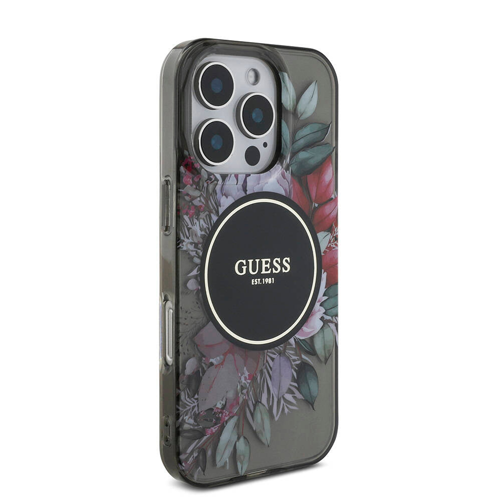 Apple iPhone 16 Pro Max Case Guess Original Licensed M-safe Charging Feature IML Printed Flower Pearl Bracelet Cover Black