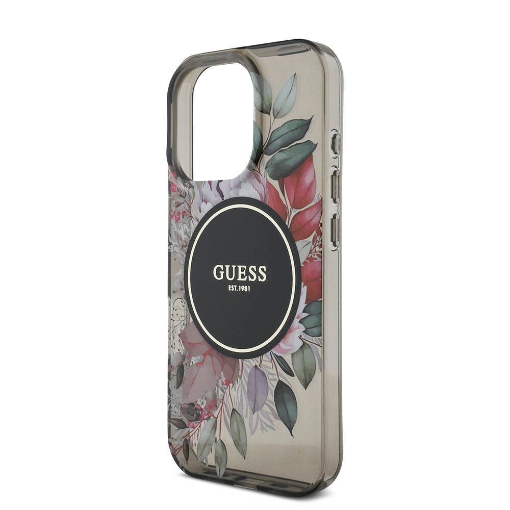 Apple iPhone 16 Pro Max Case Guess Original Licensed M-safe Charging Feature IML Printed Flower Pearl Bracelet Cover Black