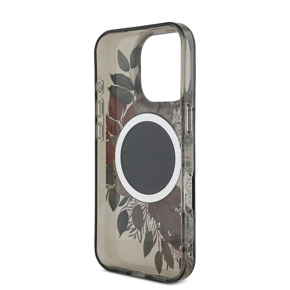 Apple iPhone 16 Pro Max Case Guess Original Licensed M-safe Charging Feature IML Printed Flower Pearl Bracelet Cover Black