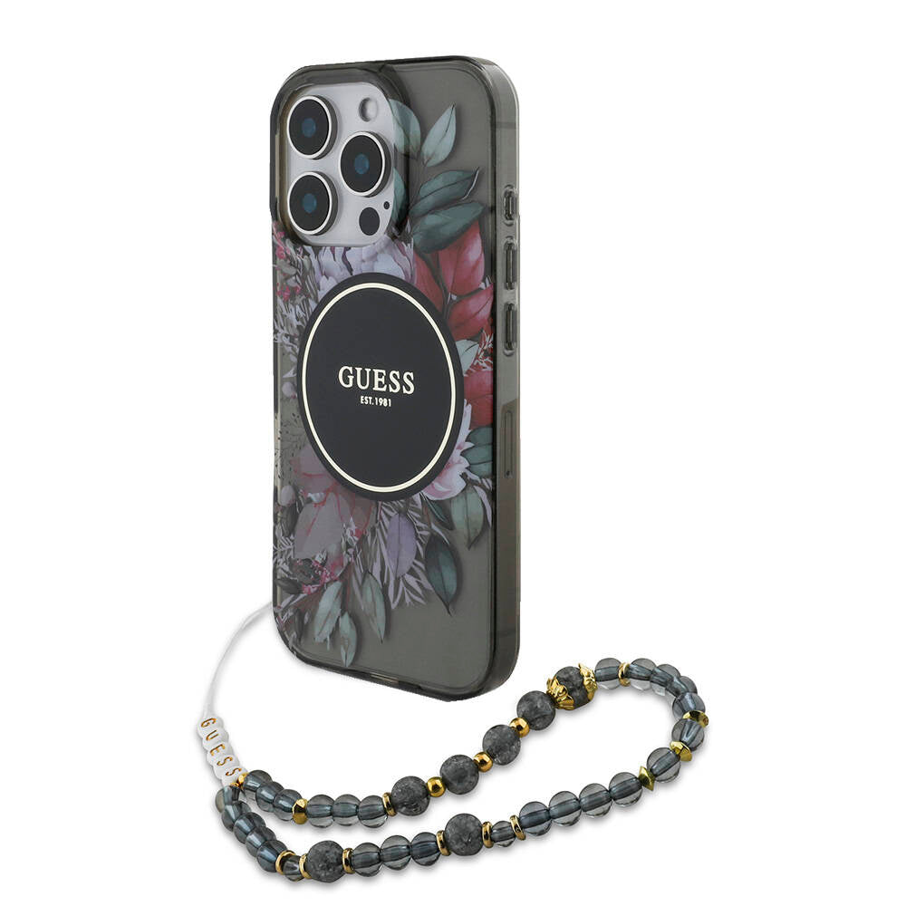 Apple iPhone 16 Pro Max Case Guess Original Licensed M-safe Charging Feature IML Printed Flower Pearl Bracelet Cover Black