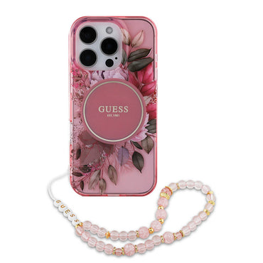 Apple iPhone 16 Pro Max Case Guess Original Licensed M-safe Charging Feature IML Printed Flower Pearl Bracelet Cover Pink