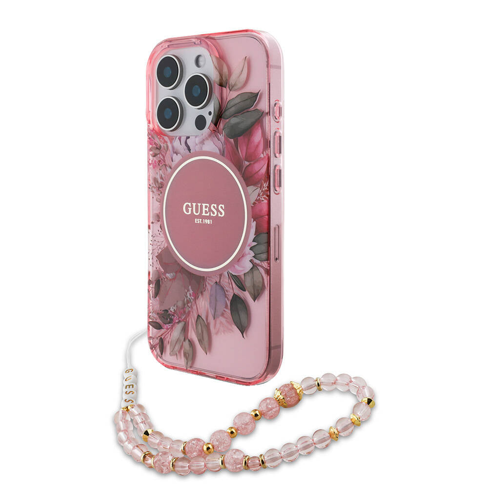 Apple iPhone 16 Pro Max Case Guess Original Licensed M-safe Charging Feature IML Printed Flower Pearl Bracelet Cover Black