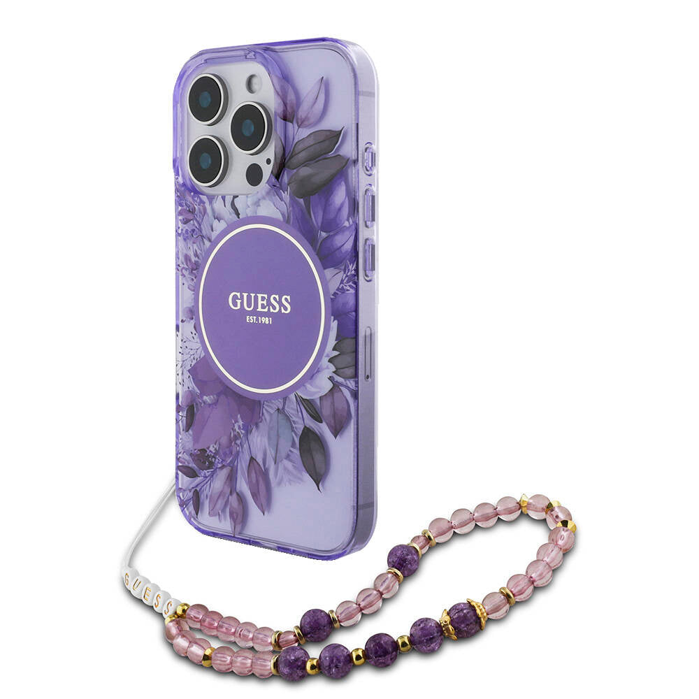 Apple iPhone 16 Pro Max Case Guess Original Licensed M-safe Charging Feature IML Printed Flower Pearl Bracelet Cover Black