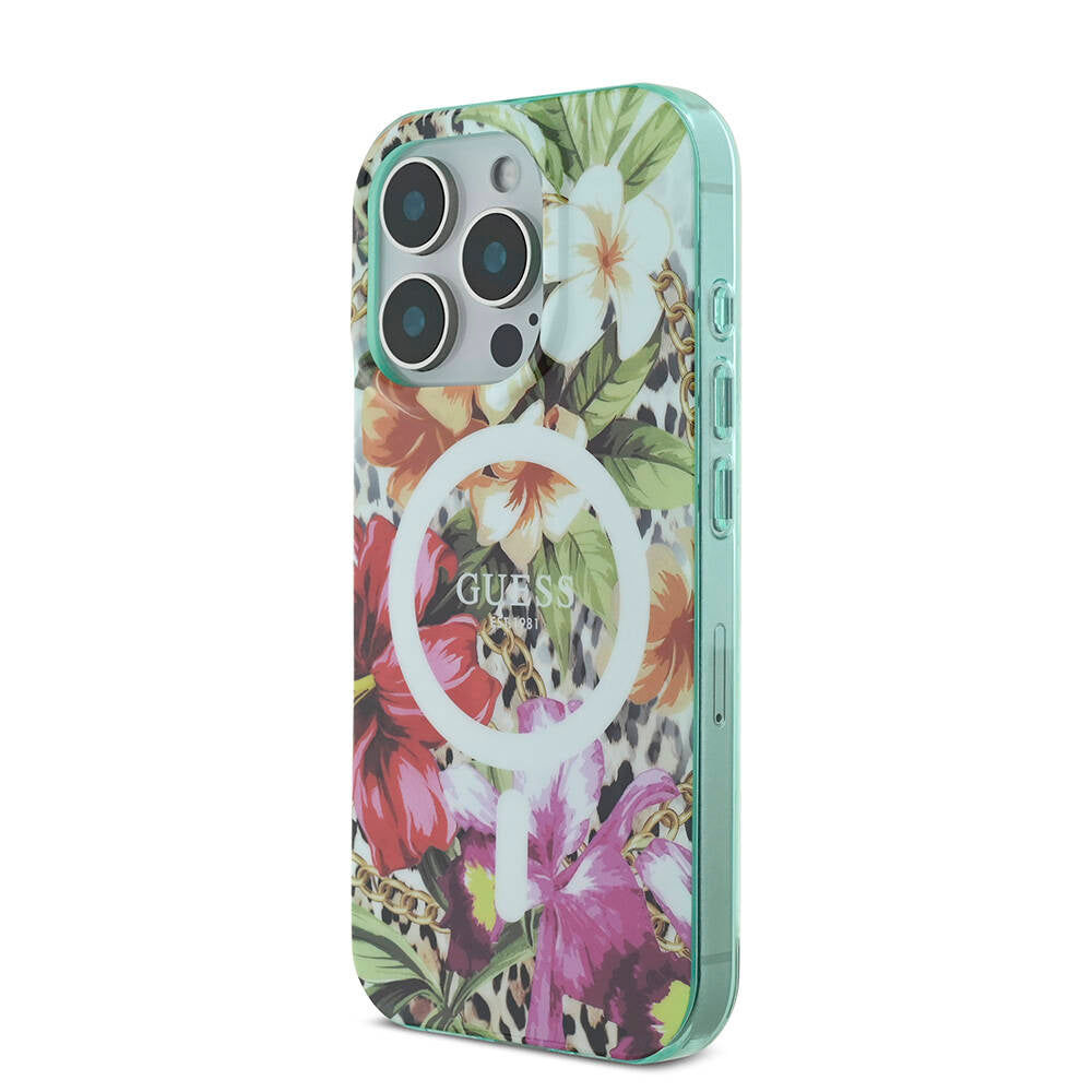 Apple iPhone 16 Pro Max Case Guess Original Licensed M-safe Charging Feature IML Printed Jungle Ring Cover Green