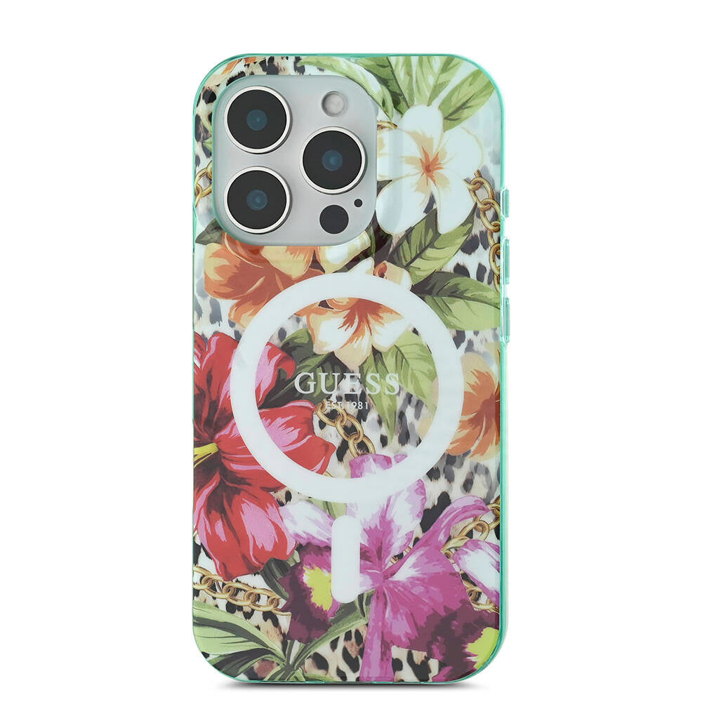 Apple iPhone 16 Pro Max Case Guess Original Licensed M-safe Charging Feature IML Printed Jungle Ring Cover Green