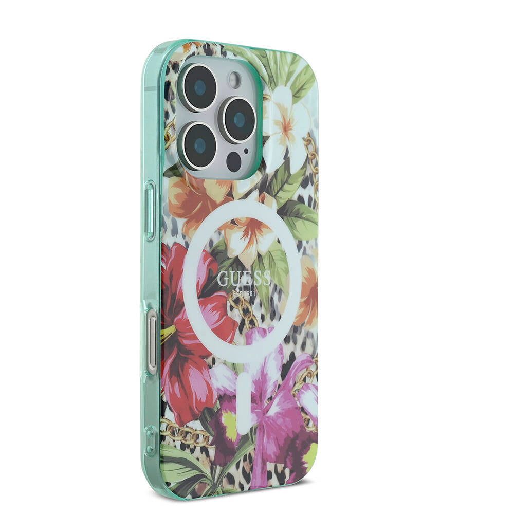 Apple iPhone 16 Pro Max Case Guess Original Licensed M-safe Charging Feature IML Printed Jungle Ring Cover Green