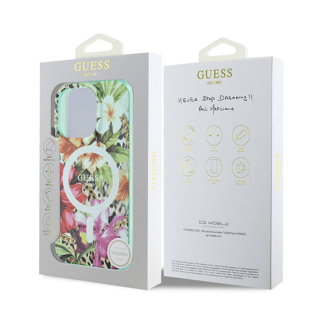 Apple iPhone 16 Pro Max Case Guess Original Licensed M-safe Charging Feature IML Printed Jungle Ring Cover Green