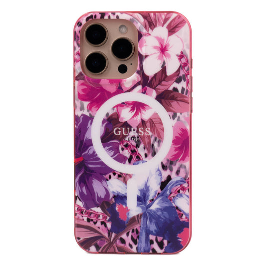 Apple iPhone 16 Pro Max Case Guess Original Licensed M-safe Charging Feature IML Printed Jungle Ring Cover Purple
