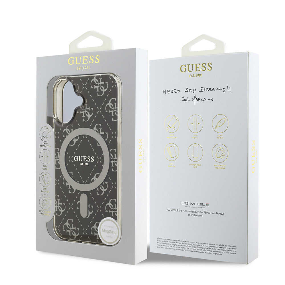 Apple iPhone 16 Pro Max Case Guess Original Licensed M-Safe Charging Feature IML Printed Classic Logo 4G Patterned Cover Brown 