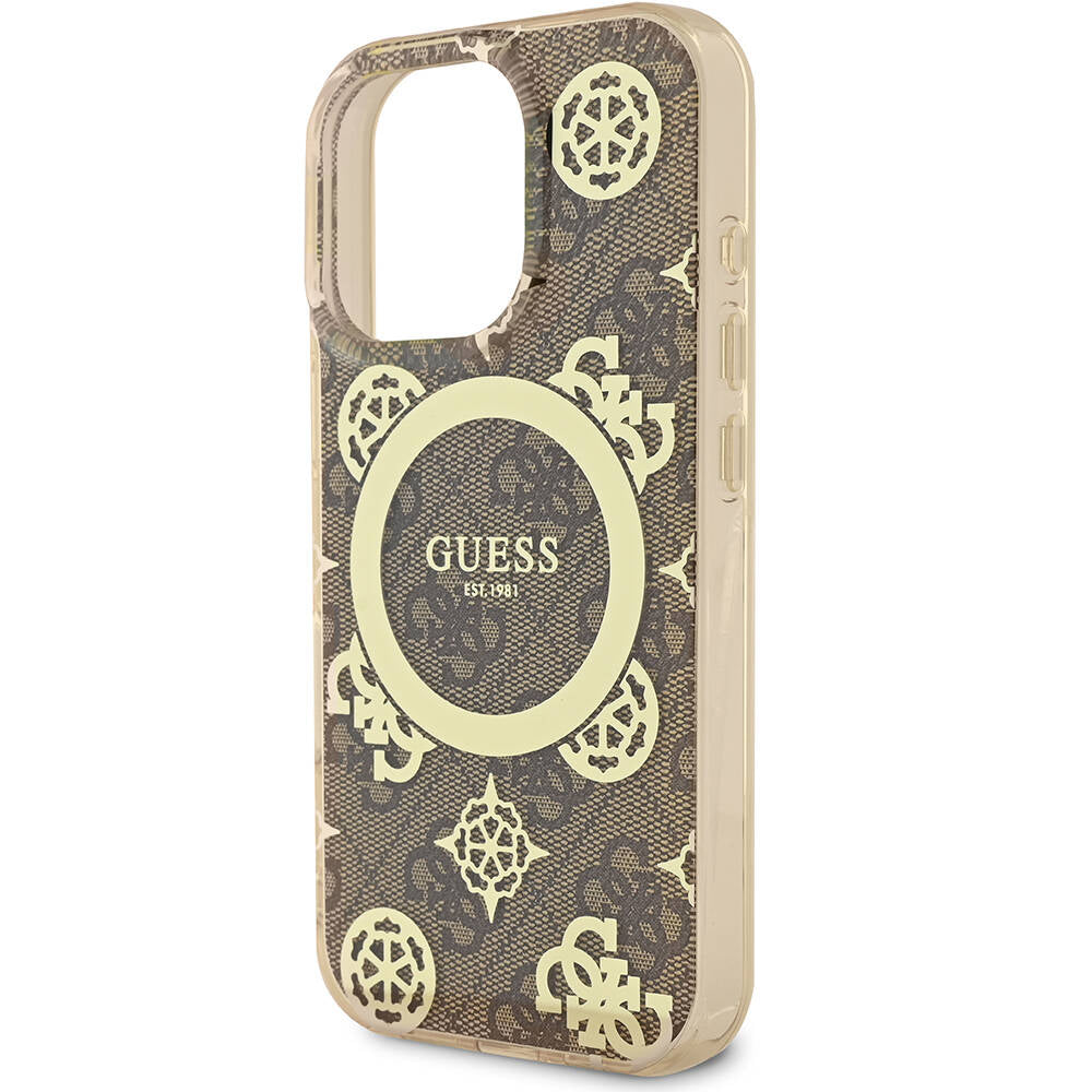 Apple iPhone 16 Pro Max Case Guess Original Licensed M-Safe Charging Feature IML Peony and 4G Patterned Classic Logo Cover Brown
