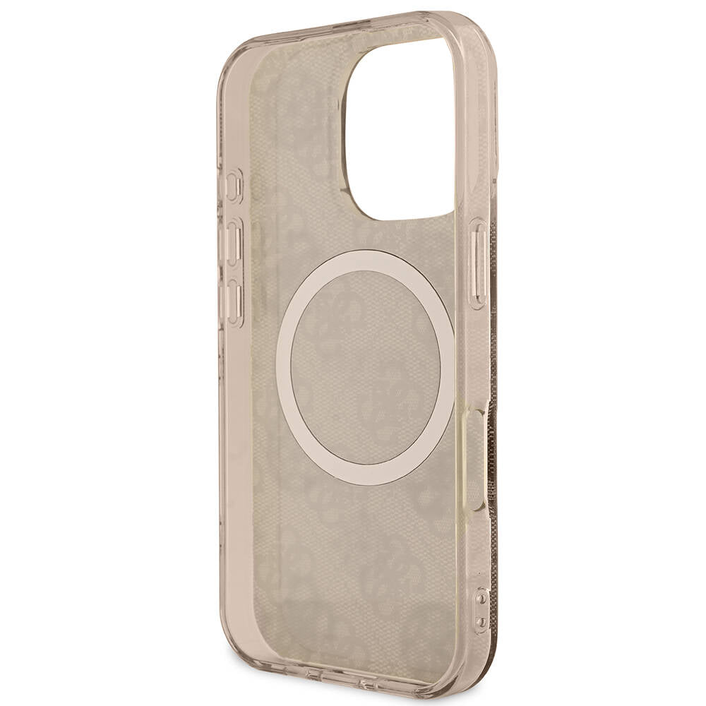 Apple iPhone 16 Pro Max Case Guess Original Licensed M-Safe Charging Feature IML Peony and 4G Patterned Classic Logo Cover Brown