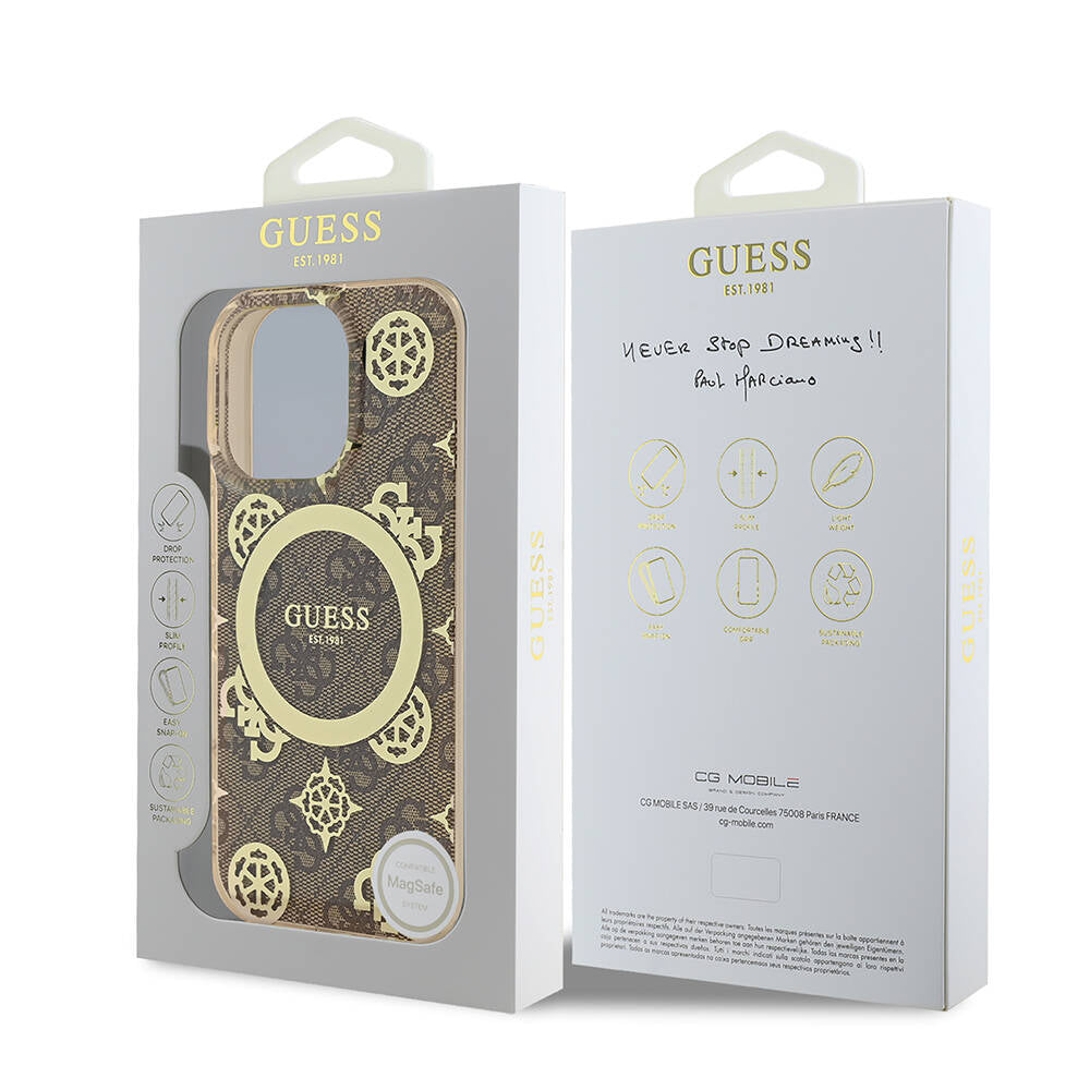 Apple iPhone 16 Pro Max Case Guess Original Licensed M-Safe Charging Feature IML Peony and 4G Patterned Classic Logo Cover Brown