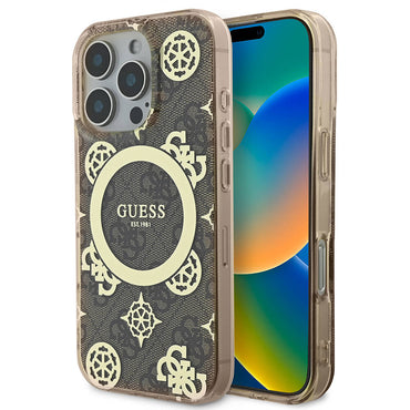Apple iPhone 16 Pro Max Case Guess Original Licensed M-Safe Charging Feature IML Peony and 4G Patterned Classic Logo Cover Brown