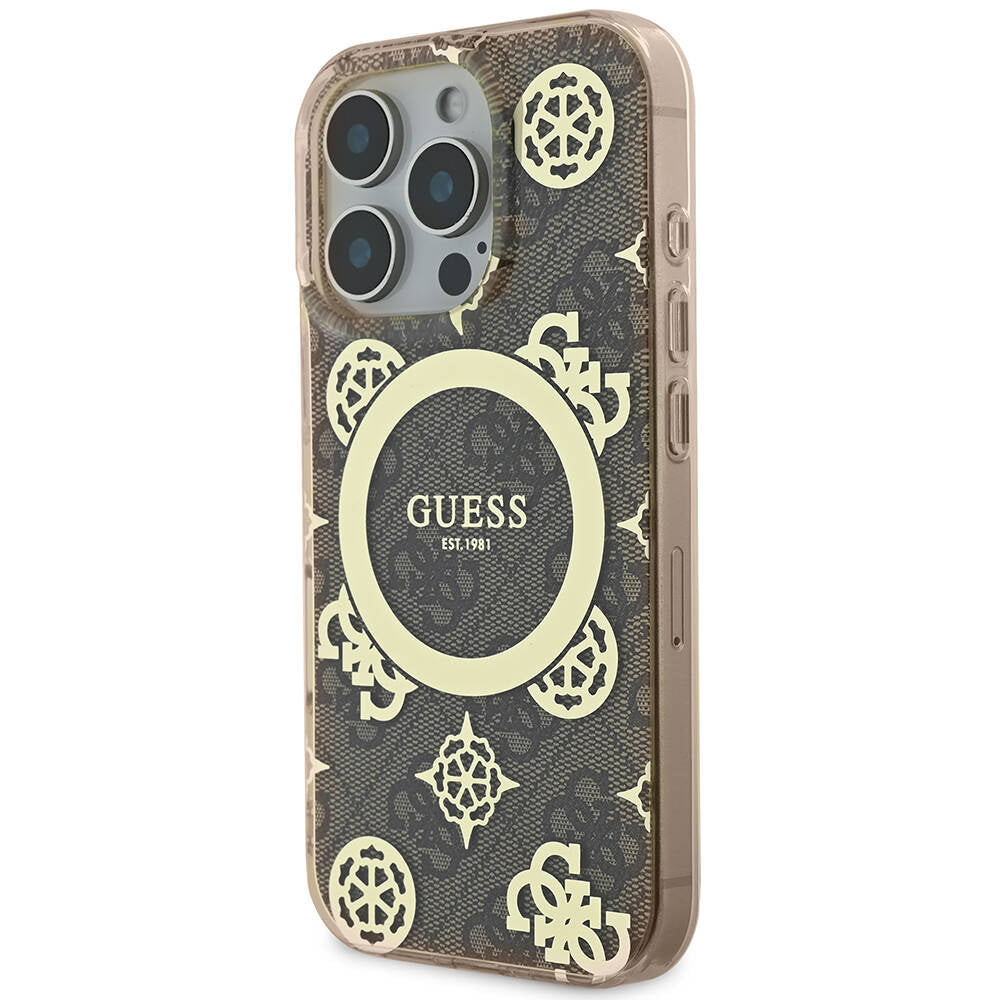Apple iPhone 16 Pro Max Case Guess Original Licensed M-Safe Charging Feature IML Peony and 4G Patterned Classic Logo Cover Brown