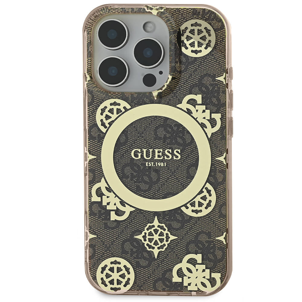 Apple iPhone 16 Pro Max Case Guess Original Licensed M-Safe Charging Feature IML Peony and 4G Patterned Classic Logo Cover Brown