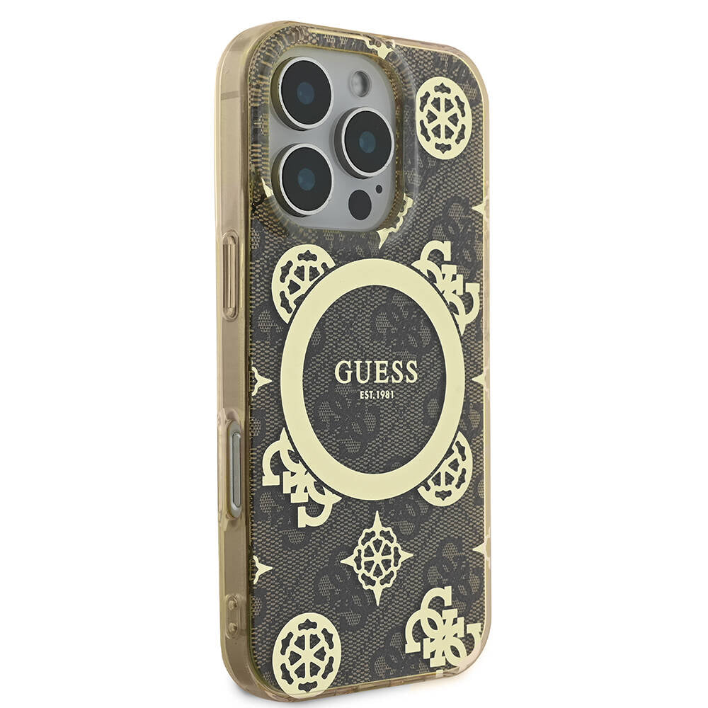 Apple iPhone 16 Pro Max Case Guess Original Licensed M-Safe Charging Feature IML Peony and 4G Patterned Classic Logo Cover Brown