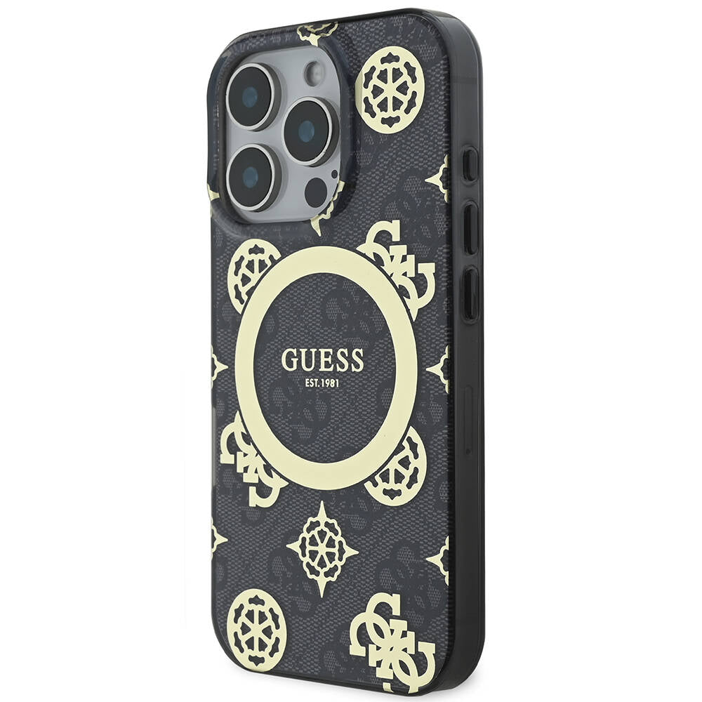 Apple iPhone 16 Pro Max Case Guess Original Licensed M-Safe Charging Feature IML Peony and 4G Patterned Classic Logo Cover Brown