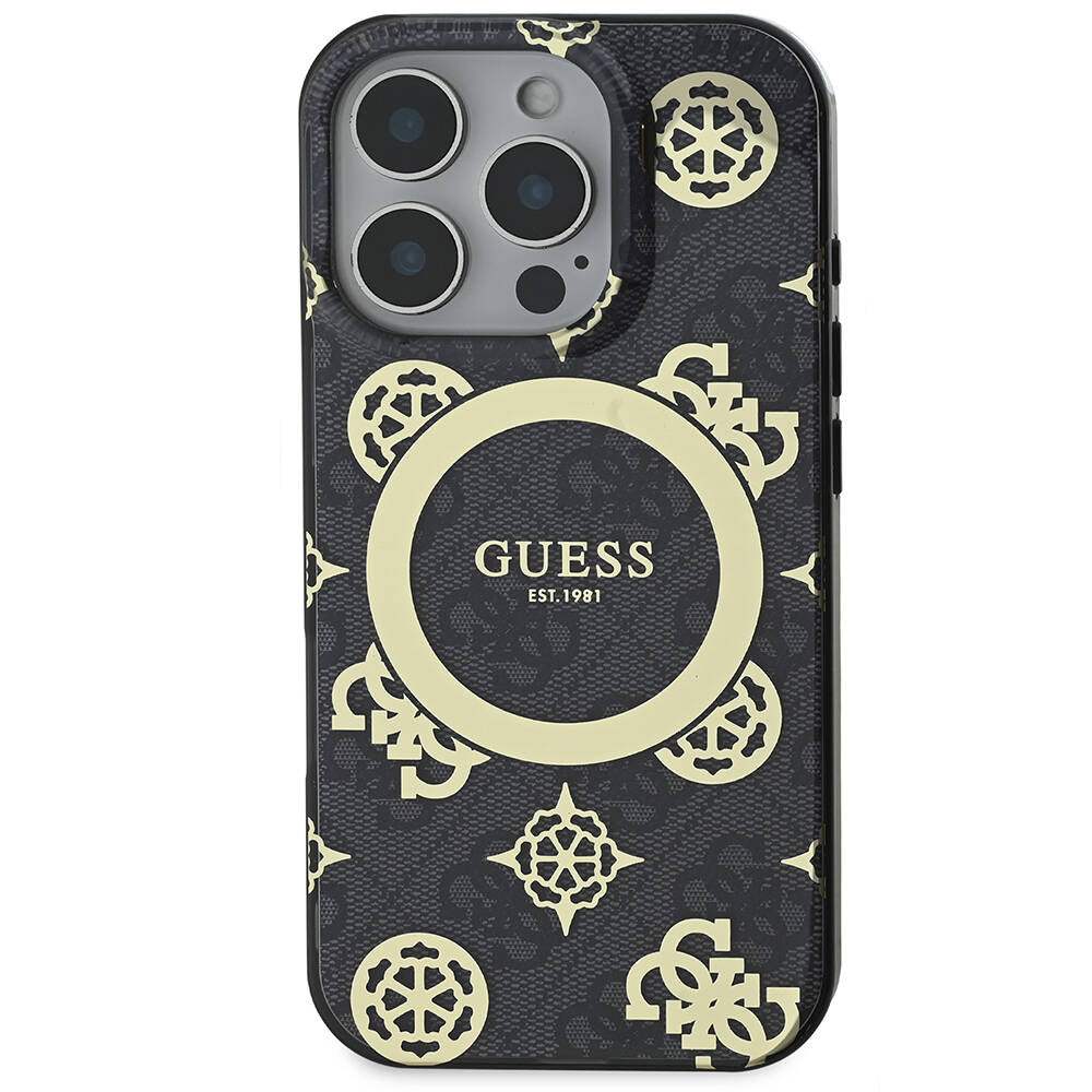 Apple iPhone 16 Pro Max Case Guess Original Licensed M-Safe Charging Feature IML Peony and 4G Patterned Classic Logo Cover Brown
