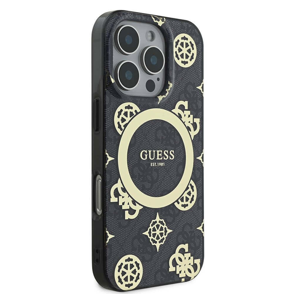Apple iPhone 16 Pro Max Case Guess Original Licensed M-Safe Charging Feature IML Peony and 4G Patterned Classic Logo Cover Brown