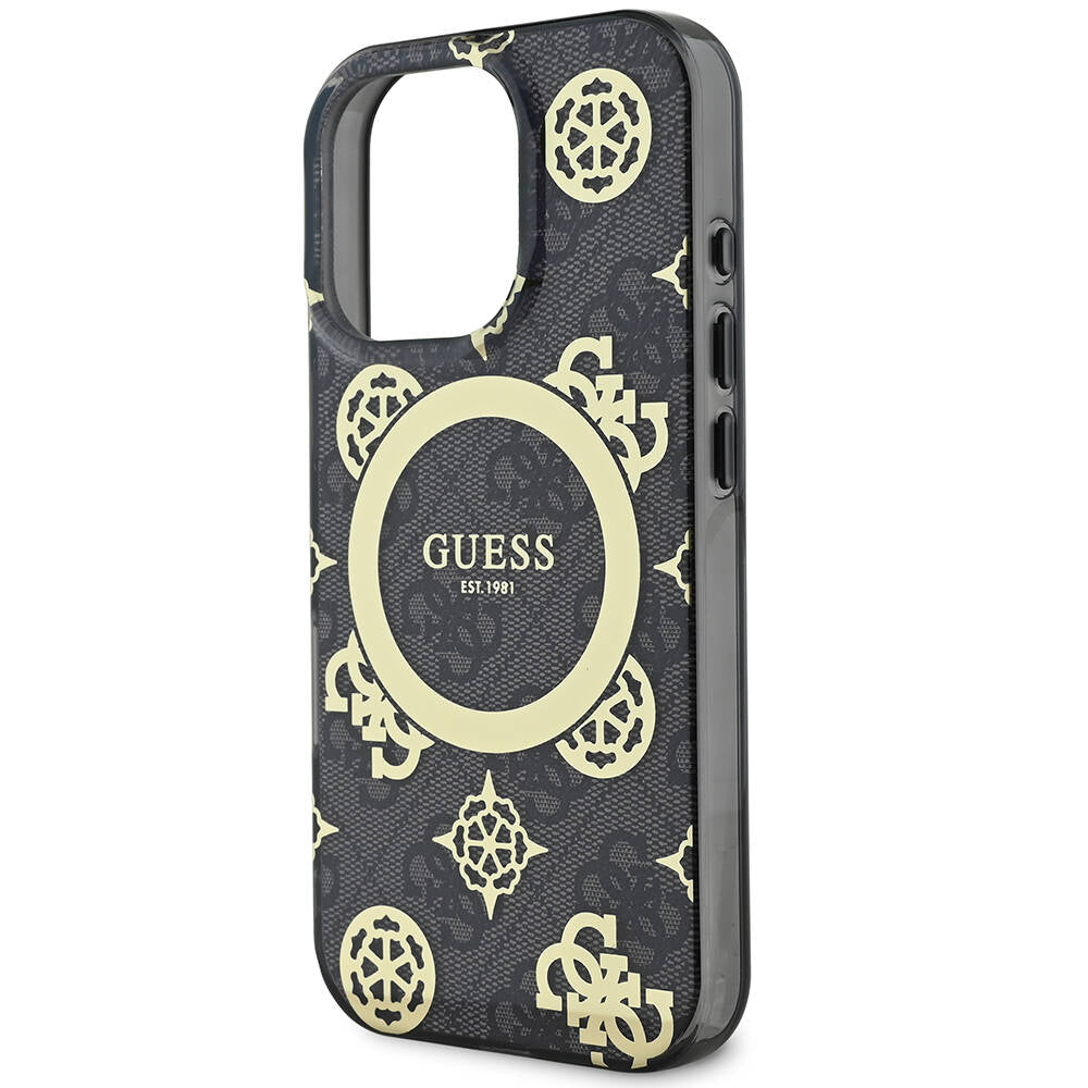 Apple iPhone 16 Pro Max Case Guess Original Licensed M-Safe Charging Feature IML Peony and 4G Patterned Classic Logo Cover Brown