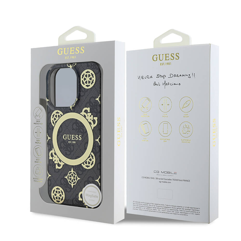 Apple iPhone 16 Pro Max Case Guess Original Licensed M-Safe Charging Feature IML Peony and 4G Patterned Classic Logo Cover Brown