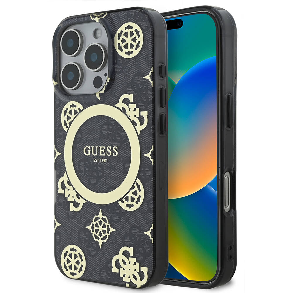 Apple iPhone 16 Pro Max Case Guess Original Licensed M-Safe Charging Feature IML Peony and 4G Patterned Classic Logo Cover Brown