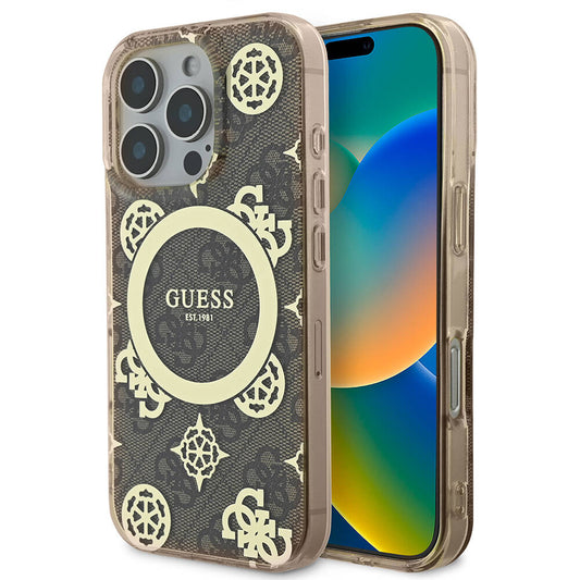 Apple iPhone 16 Pro Max Case Guess Original Licensed M-Safe Charging Feature IML Peony and 4G Patterned Classic Logo Cover Brown