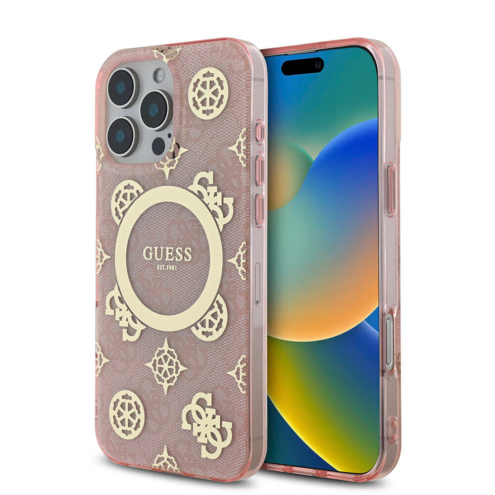 Apple iPhone 16 Pro Max Case Guess Original Licensed M-Safe Charging Feature IML Peony and 4G Patterned Classic Logo Cover Brown