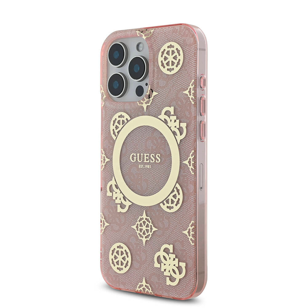 Apple iPhone 16 Pro Max Case Guess Original Licensed M-Safe Charging Feature IML Peony and 4G Patterned Classic Logo Cover Brown
