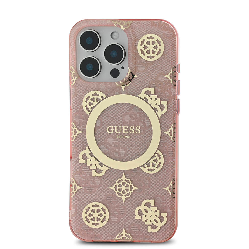 Apple iPhone 16 Pro Max Case Guess Original Licensed M-Safe Charging Feature IML Peony and 4G Patterned Classic Logo Cover Brown