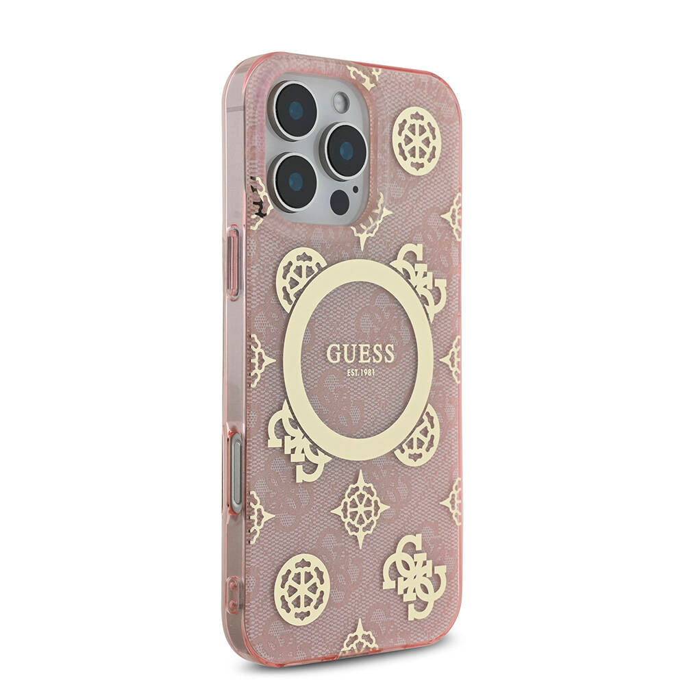Apple iPhone 16 Pro Max Case Guess Original Licensed M-Safe Charging Feature IML Peony and 4G Patterned Classic Logo Cover Brown