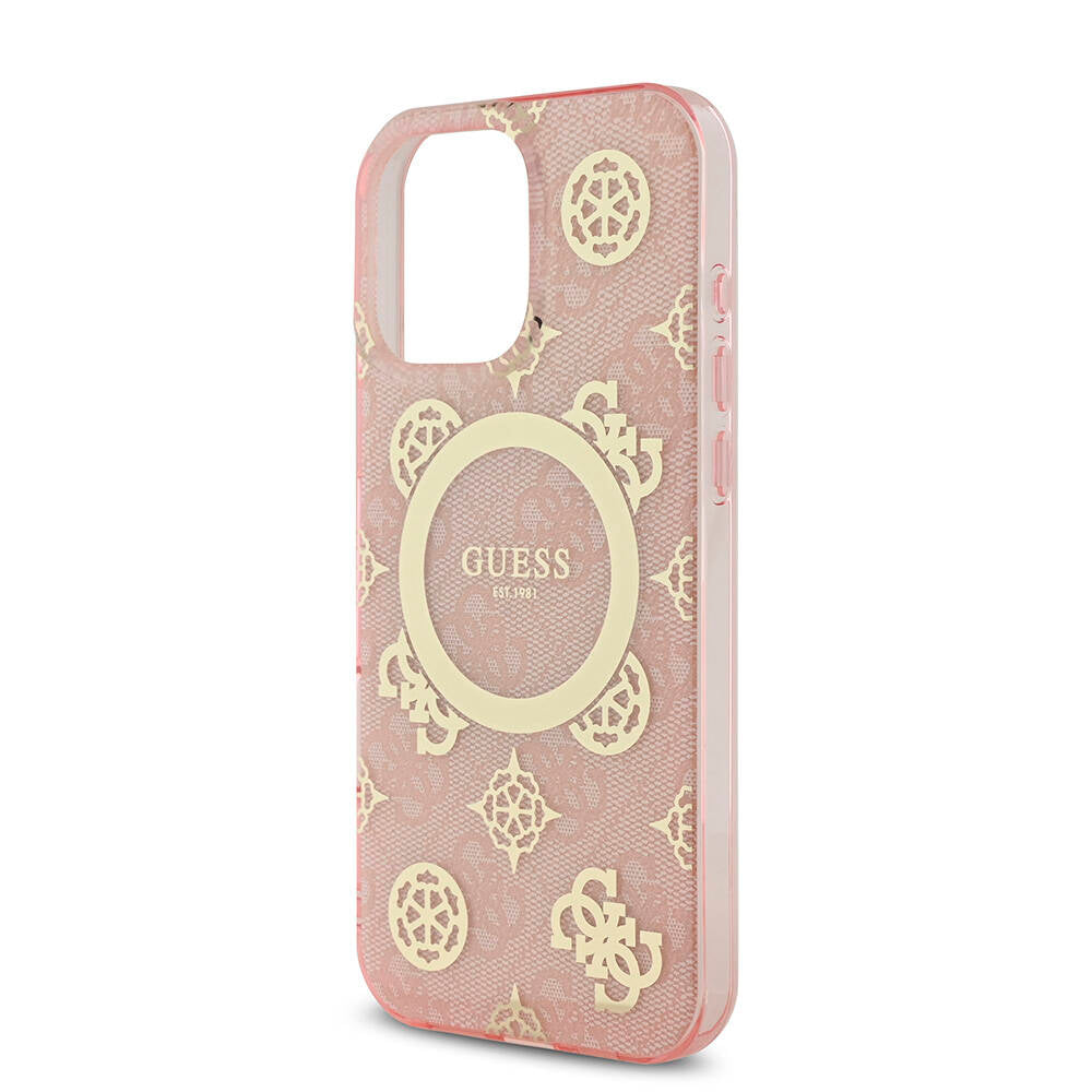 Apple iPhone 16 Pro Max Case Guess Original Licensed M-Safe Charging Feature IML Peony and 4G Patterned Classic Logo Cover Brown