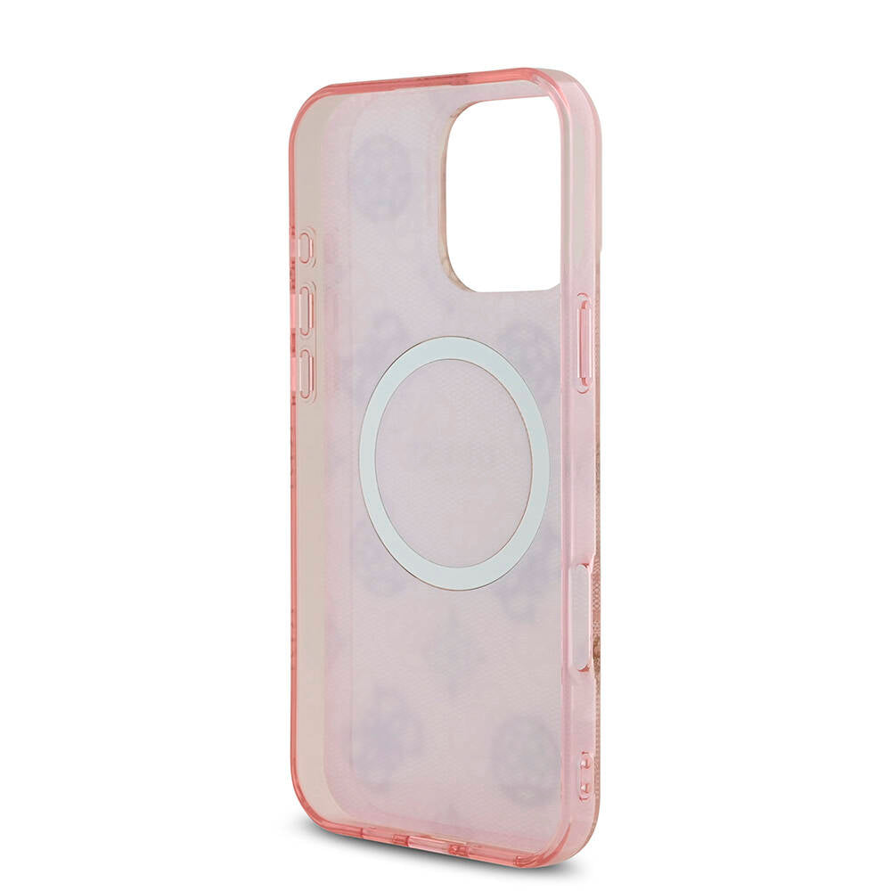 Apple iPhone 16 Pro Max Case Guess Original Licensed M-Safe Charging Feature IML Peony and 4G Patterned Classic Logo Cover Brown
