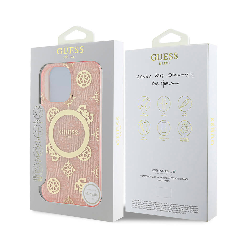 Apple iPhone 16 Pro Max Case Guess Original Licensed M-Safe Charging Feature IML Peony and 4G Patterned Classic Logo Cover Brown