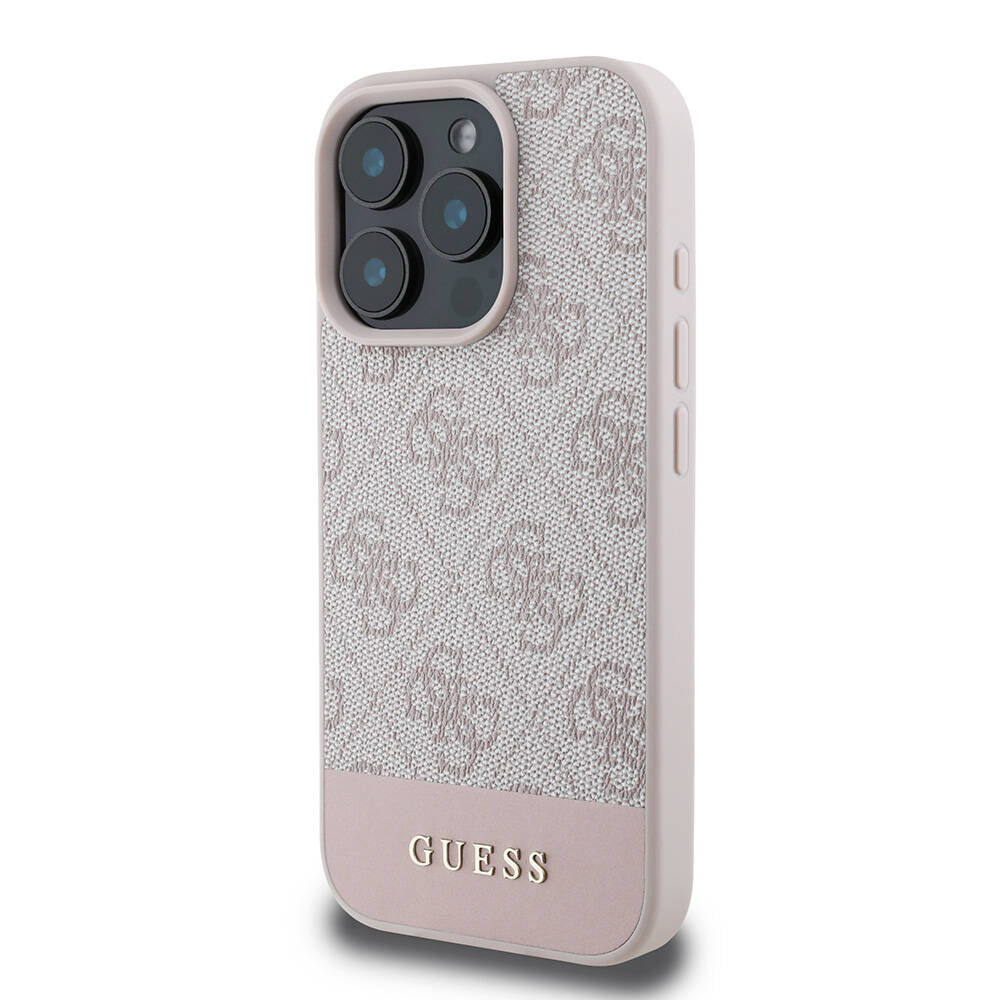 Apple iPhone 16 Pro Max Case Guess Original Licensed M-safe Charging Feature PU Leather Stripe Logo Design Cover Pink