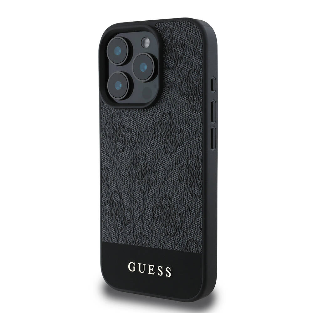 Apple iPhone 16 Pro Max Case Guess Original Licensed M-safe Charging Feature PU Leather Stripe Logo Design Cover Black