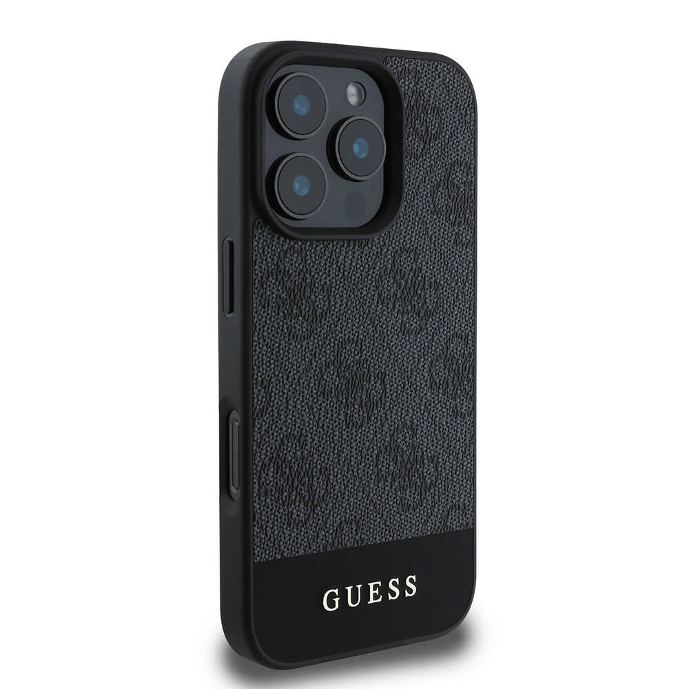 Apple iPhone 16 Pro Max Case Guess Original Licensed M-safe Charging Feature PU Leather Stripe Logo Design Cover Black