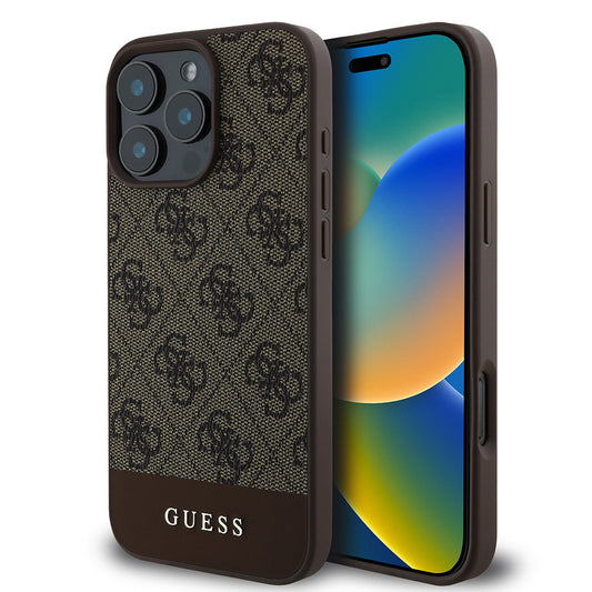 Apple iPhone 16 Pro Max Case Guess Original Licensed M-safe Charging Feature PU Leather Stripe Logo Design Cover Brown
