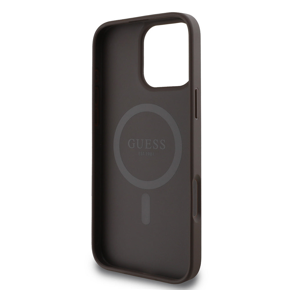Apple iPhone 16 Pro Max Case Guess Original Licensed M-safe Charging Feature PU Leather Stripe Logo Design Cover Black