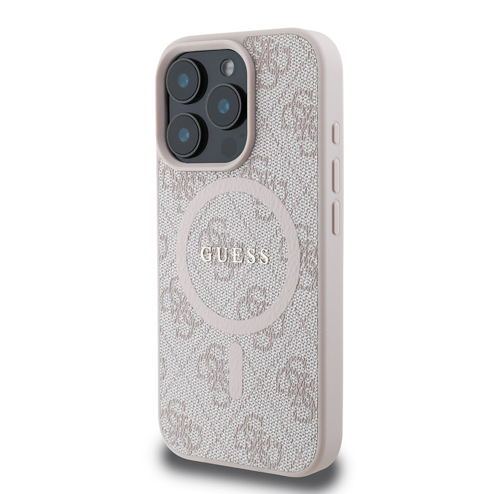 Apple iPhone 16 Pro Max Case Guess Original Licensed M-safe Charging Feature PU Ring 4G Patterned Text Logo Cover Pink
