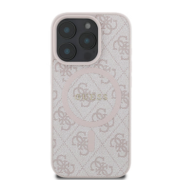 Apple iPhone 16 Pro Max Case Guess Original Licensed M-safe Charging Feature PU Ring 4G Patterned Text Logo Cover Pink